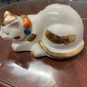 Vintage Lenwile Ardalt Kutani Neko Style Sleeping Cat Dish Trinket Box-Taiwan